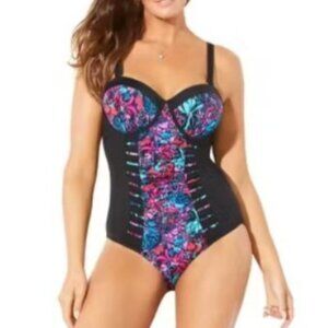 Swimsuits For All One Piece Swimsuit Womens Size 18 Black Floral Ruched Front